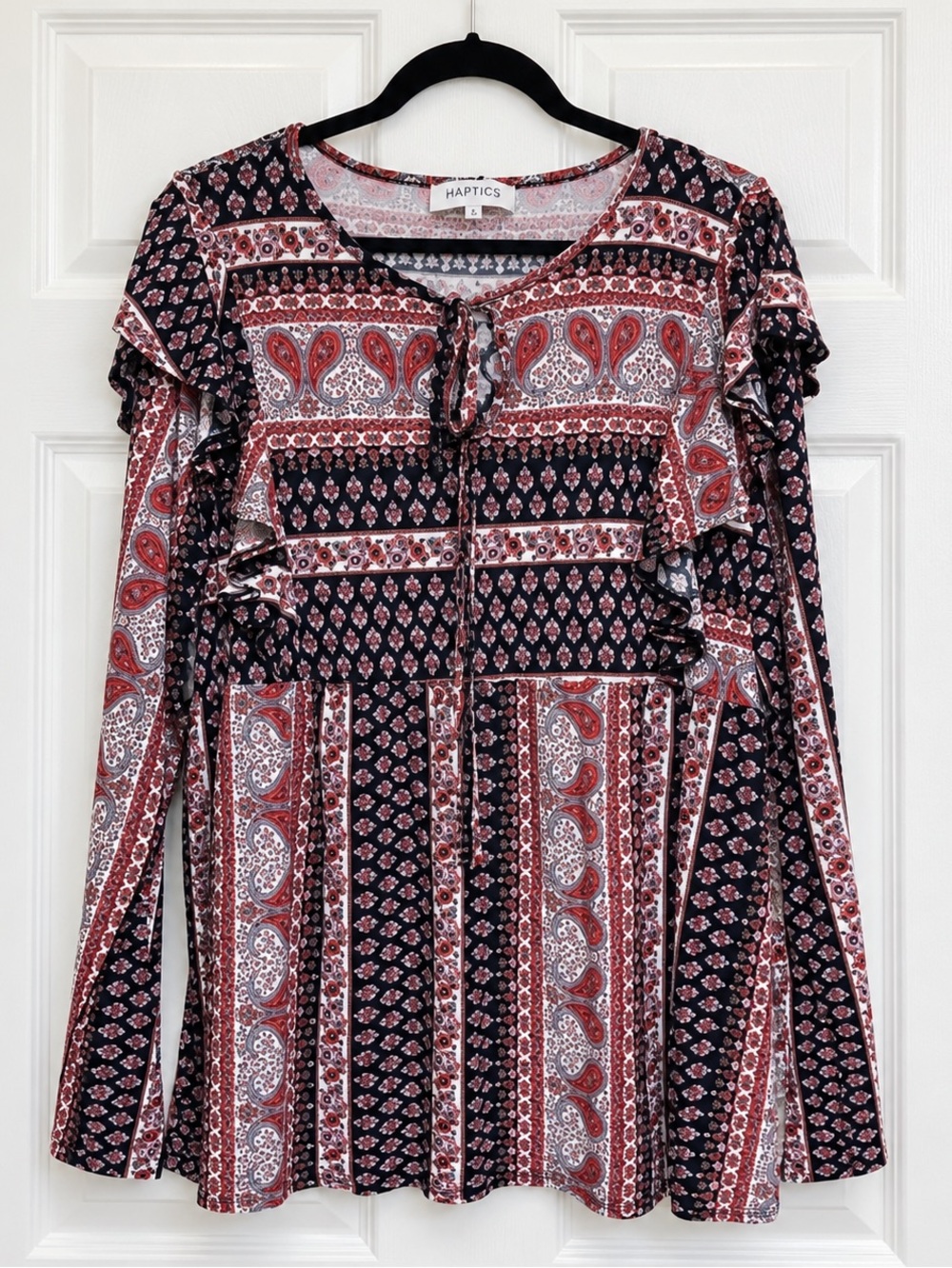 Boho Paisley Peasant Blouse L Red Black Tunic Ruffle Top